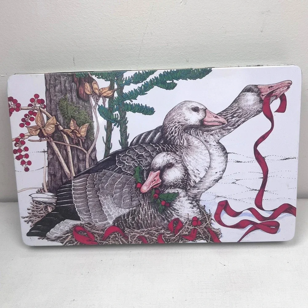 Vintage Christmas Geese Metal Tin Large Rectangular Winter Woodland Bird Decor